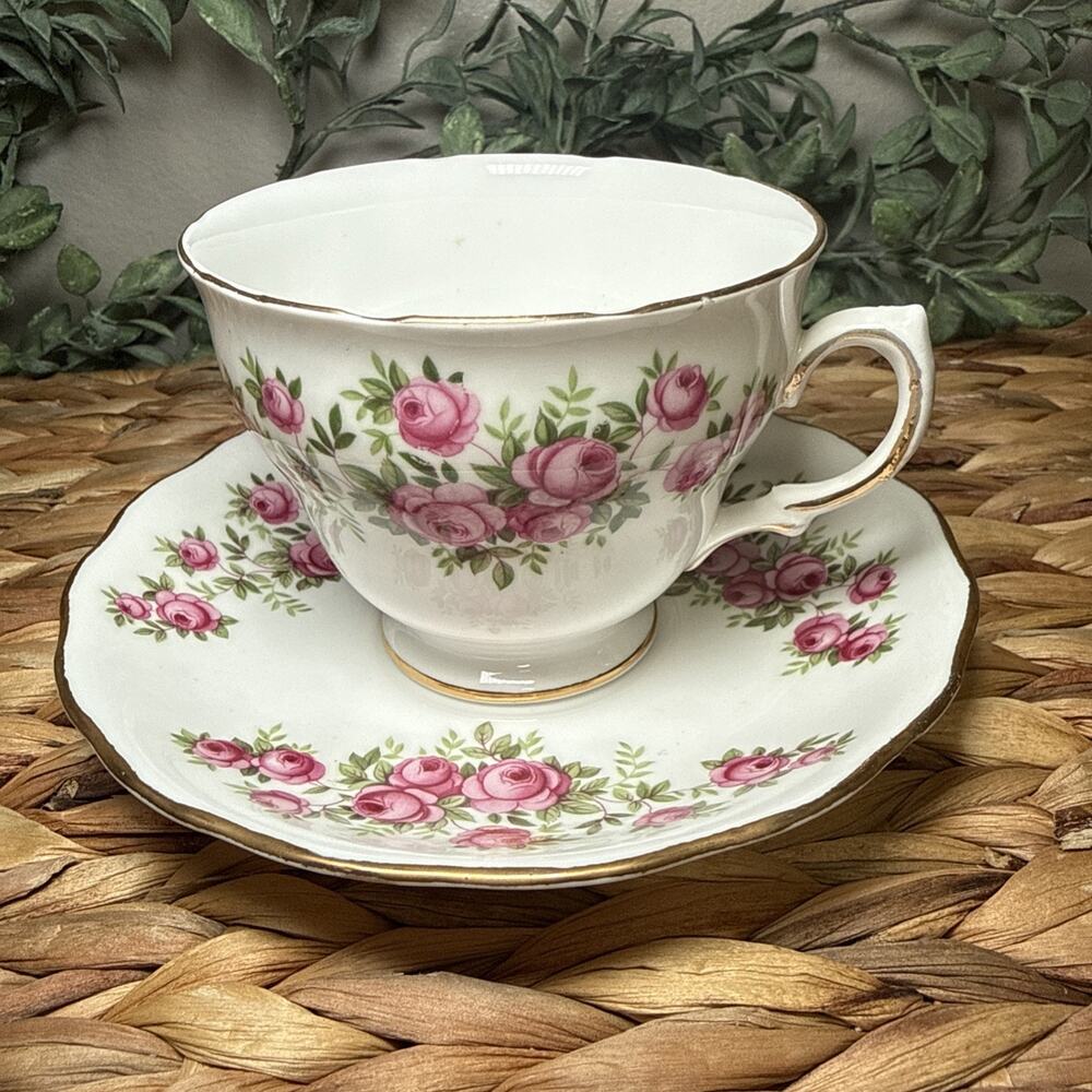 Royal Vale Bone China Teacup Saucer Pink Roses Gold England Floral Vintage